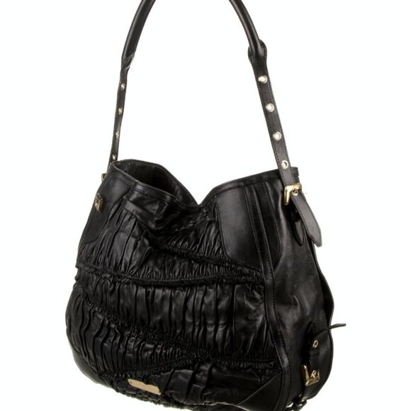 Burberry Black Lambskin Leather Pleated Hobo Bag Gold Hardware Detachable Strap - Picture 1 of 16